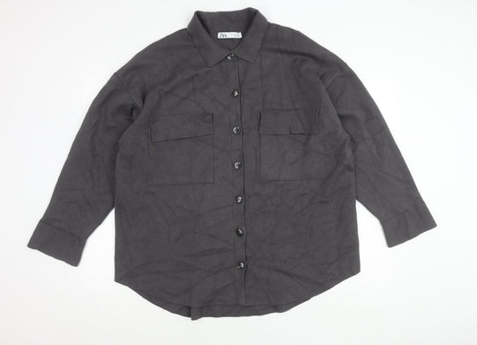 Zara Women Grey Collared Long Sleeve Button Jacket Size L