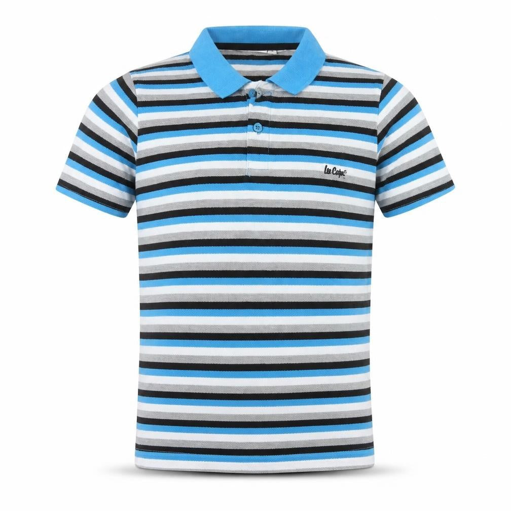 Lee Cooper Boys Blue Striped Polo Shirt 13 Years Short Sleeve Cotton Blend