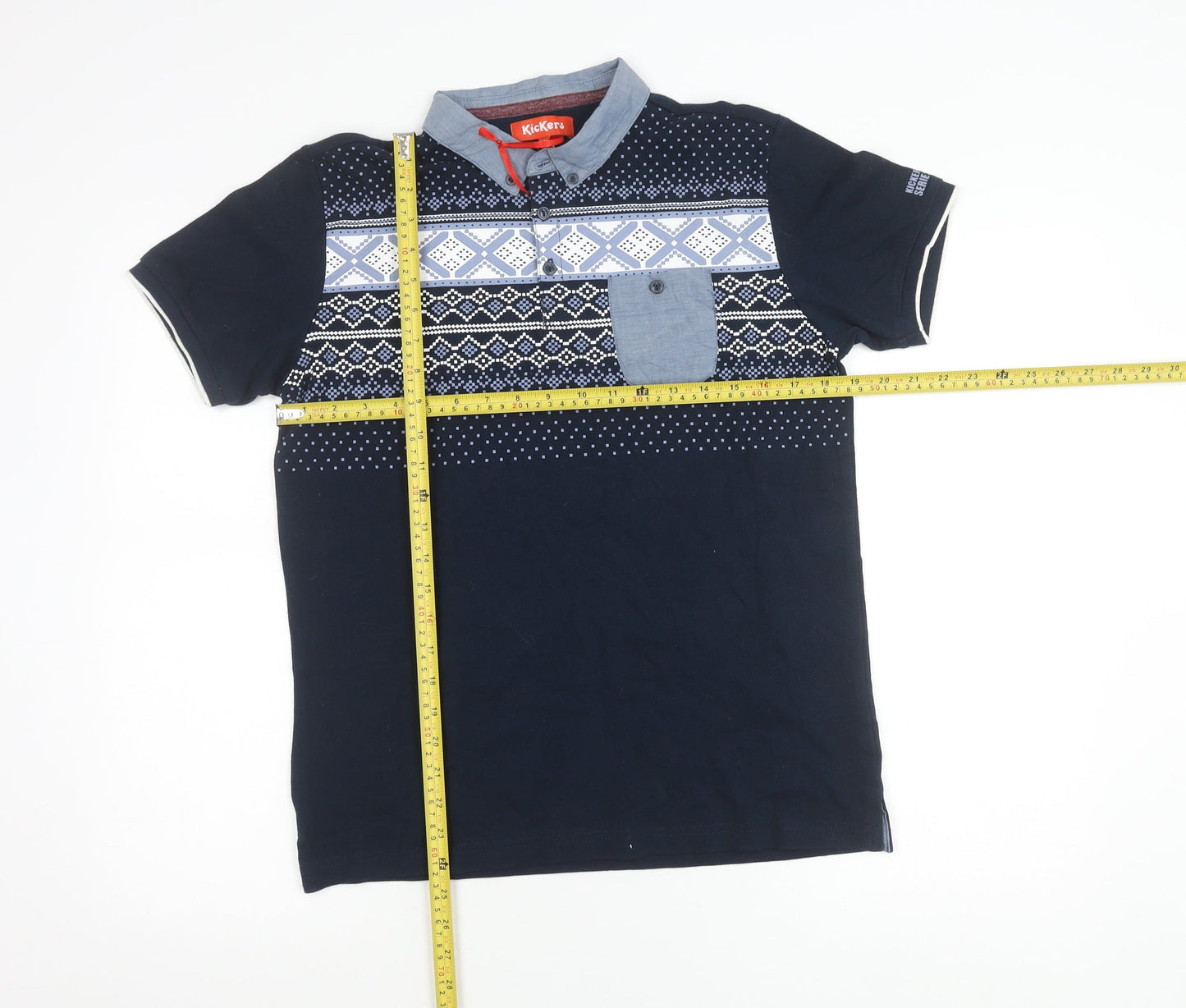 Kickers Boys Blue Polo Shirt 15 Years Geometric Pattern Short Sleeve
