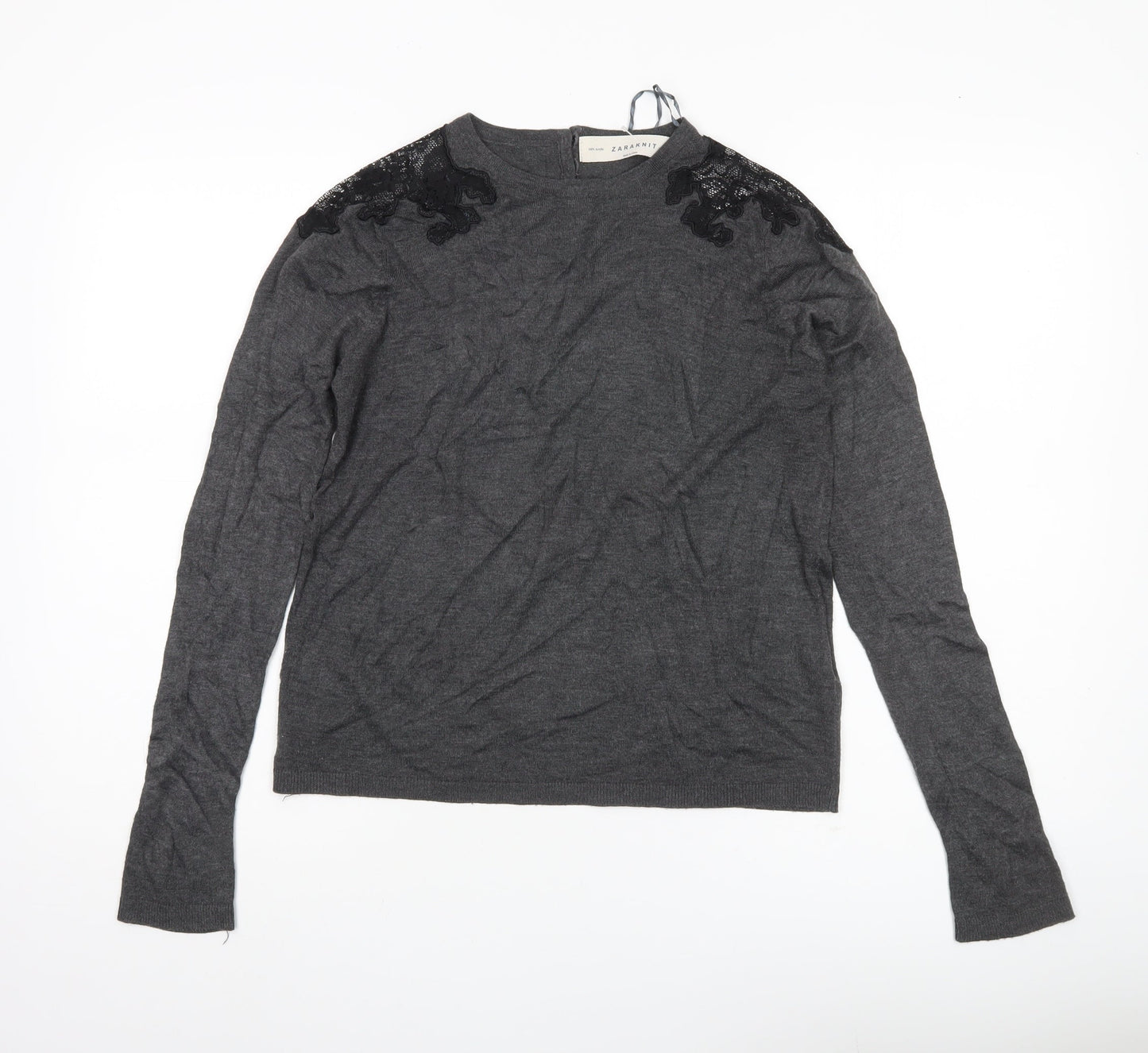 Zara Women Grey Jumper Size 14 Acrylic Knit Embroidered Pullover
