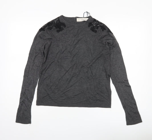 Zara Women Grey Jumper Size 14 Acrylic Knit Embroidered Pullover