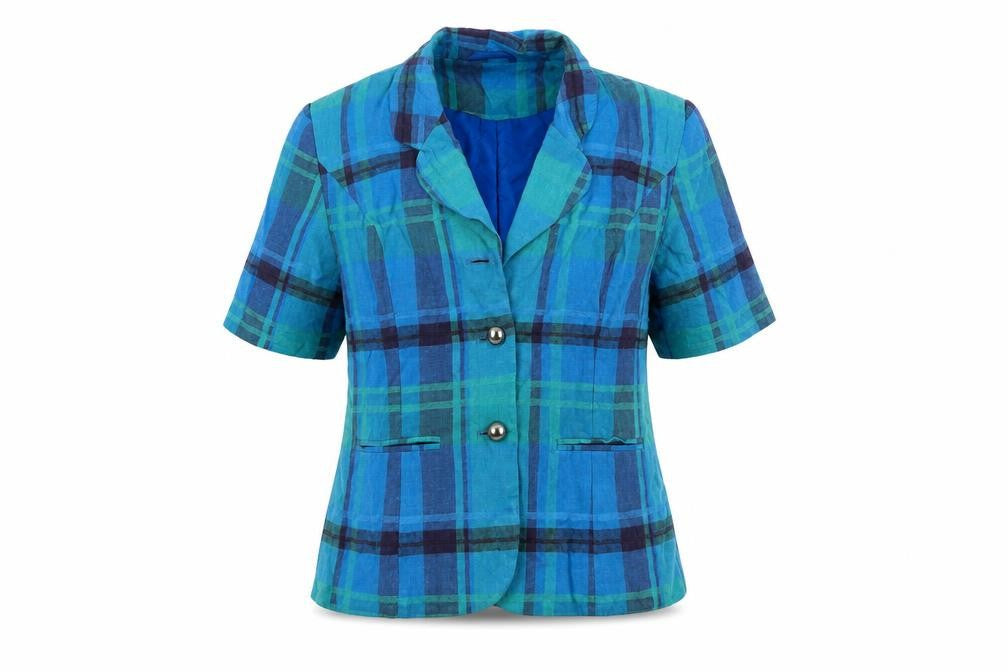 New Fast Womens Blue Check Linen Blend Suit Jacket Size 10 Short Sleeve