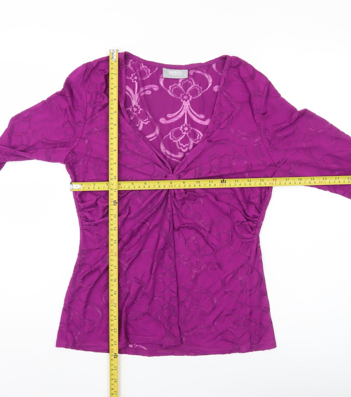 Wallis Womens Purple Floral Mesh Wrap Blouse Size 14 3/4 Sleeve