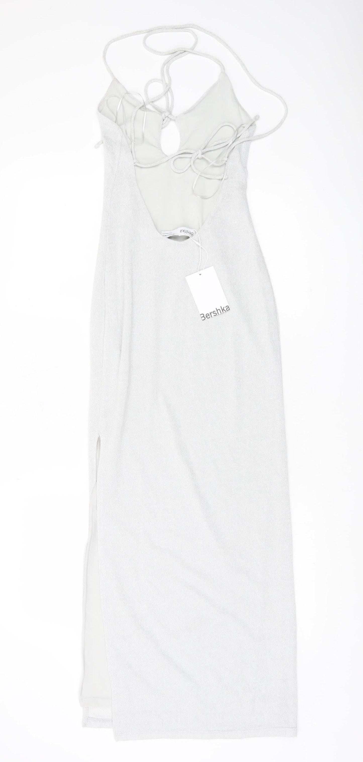 Bershka Women’s Silver XS Bodycon Midi Halter Lace Up Party Dress