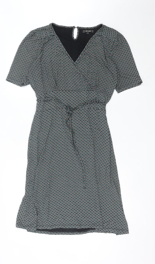 King Louie Womens Black XL Viscose Wrap Dress Geometric Knee Length