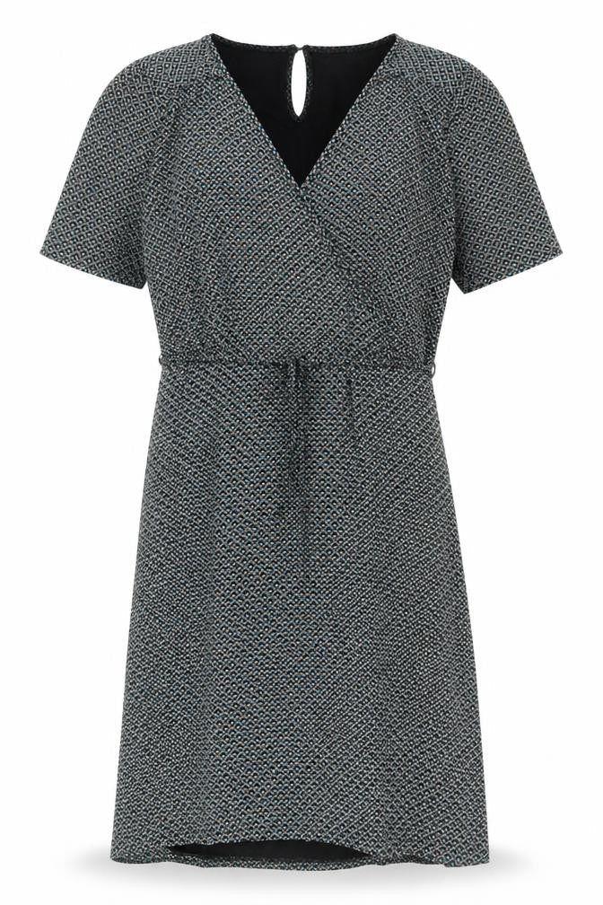 King Louie Womens Black XL Viscose Wrap Dress Geometric Knee Length