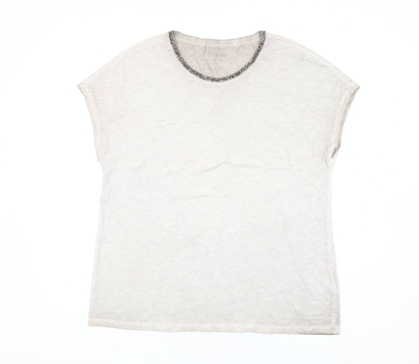 Hauber Women Ivory Beaded Crew Neck Cotton T-Shirt L