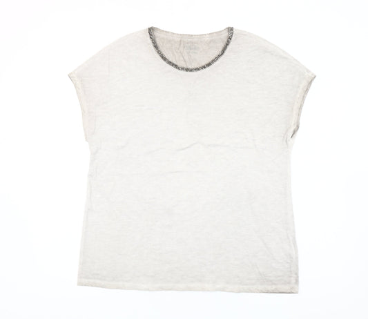 Hauber Women Ivory Beaded Crew Neck Cotton T-Shirt L