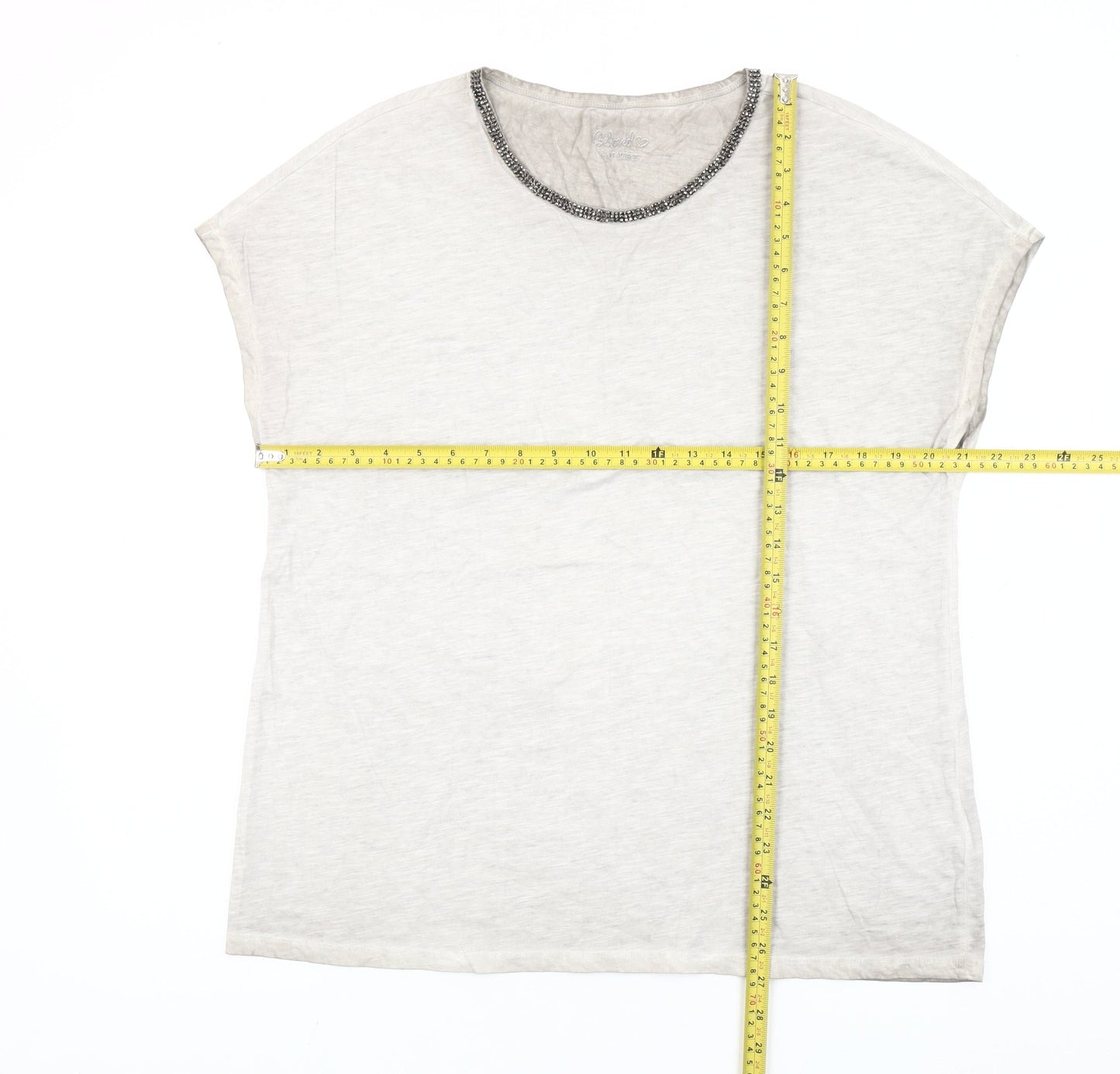 Hauber Women Ivory Beaded Crew Neck Cotton T-Shirt L