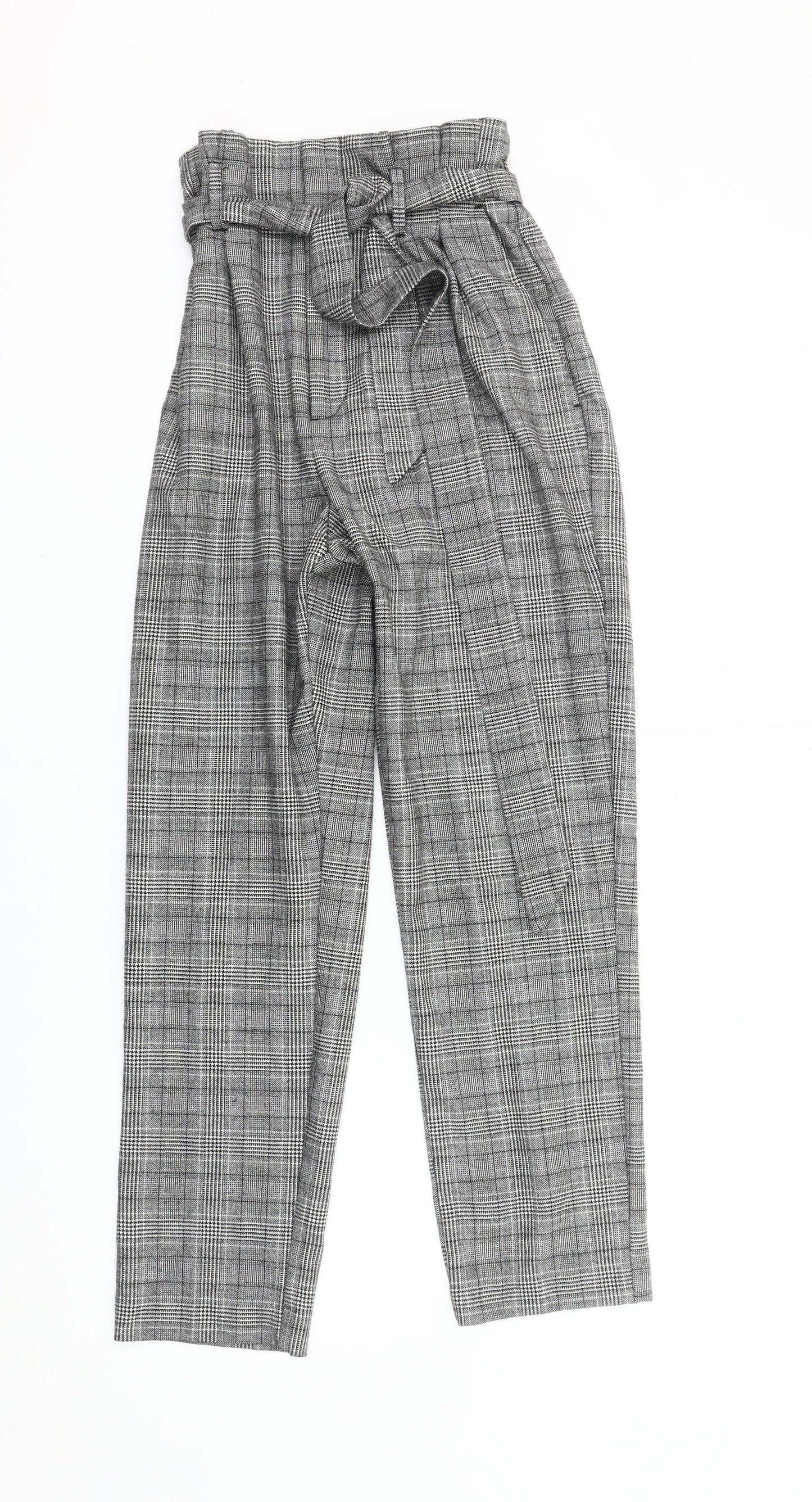 H&M Womens Grey Check Paperbag Tapered Trousers Size 8