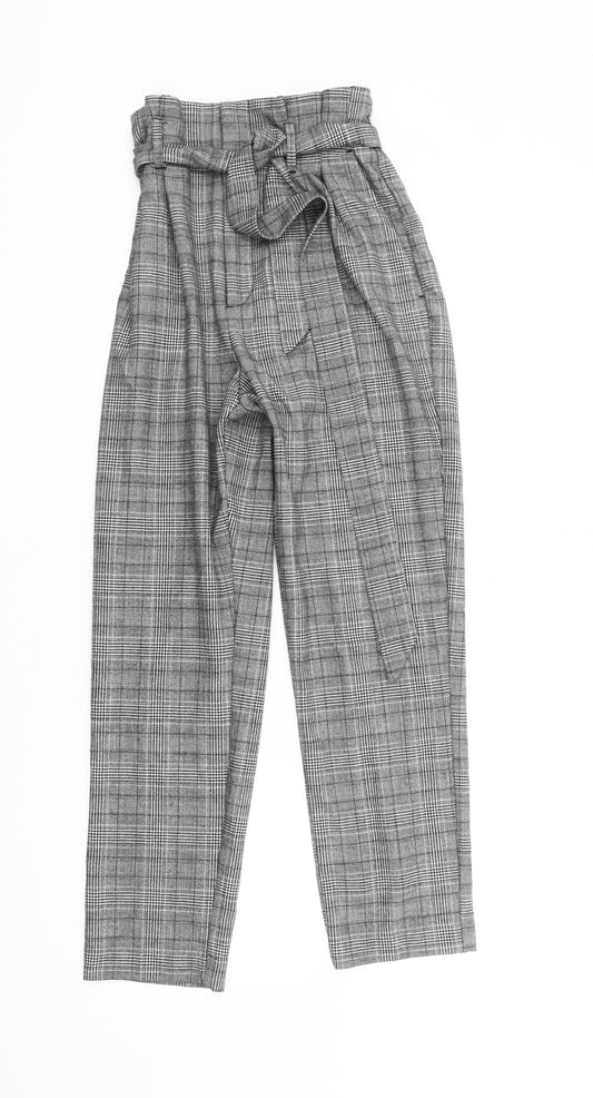 H&M Womens Grey Check Paperbag Tapered Trousers Size 8