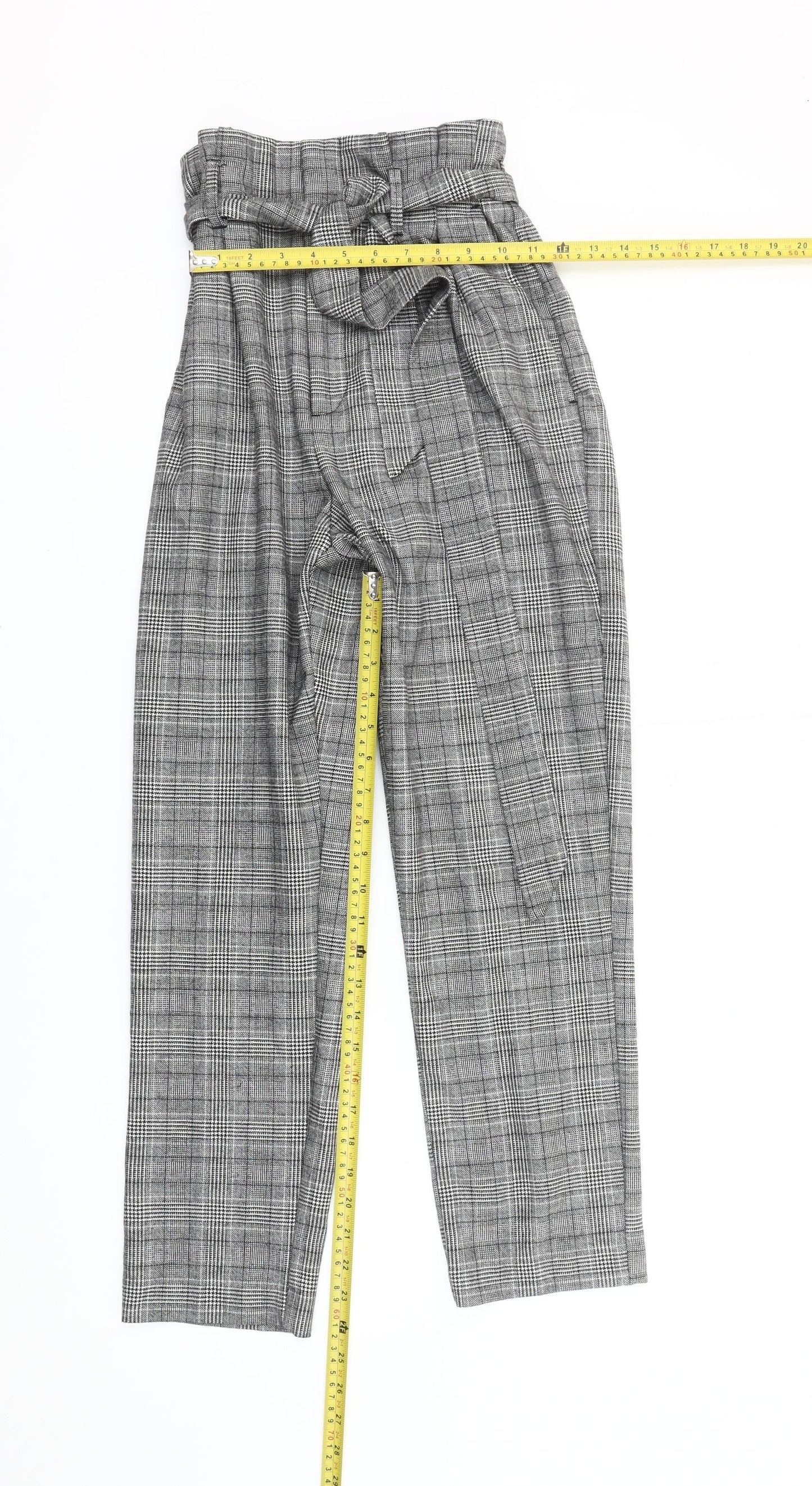 H&M Womens Grey Check Paperbag Tapered Trousers Size 8
