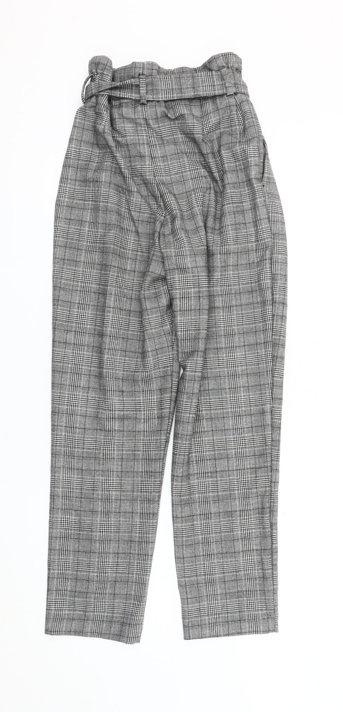 H&M Womens Grey Check Paperbag Tapered Trousers Size 8