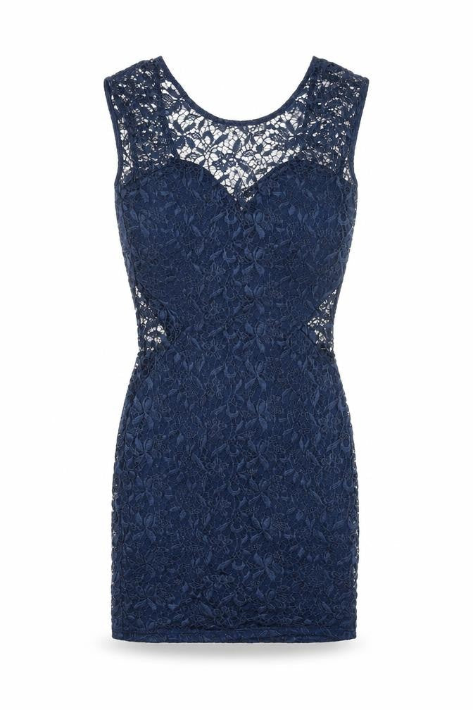 River Island Women’s Blue Lace Bodycon Dress Size 8 Short Scoop Neck