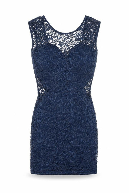 River Island Women’s Blue Lace Bodycon Dress Size 8 Short Scoop Neck