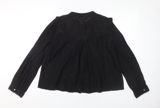 Zara Women Black Cotton Long Sleeve Button Blouse Size 14