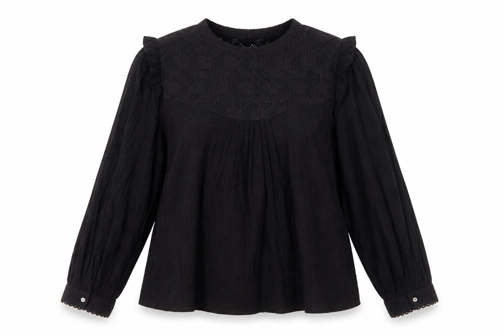 Zara Women Black Cotton Long Sleeve Button Blouse Size 14