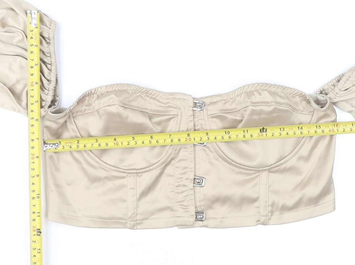 PrettyLittleThing Womens Beige Off Shoulder Satin Cropped Blouse UK 12