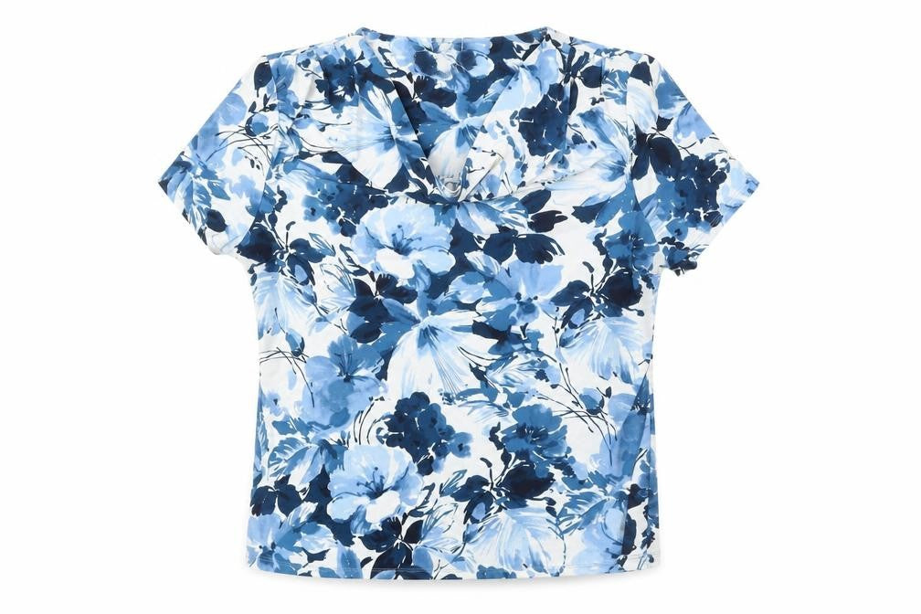 Country Casuals Women’s Blue Floral Cowl Neck Short Sleeve Tunic Blouse Size M