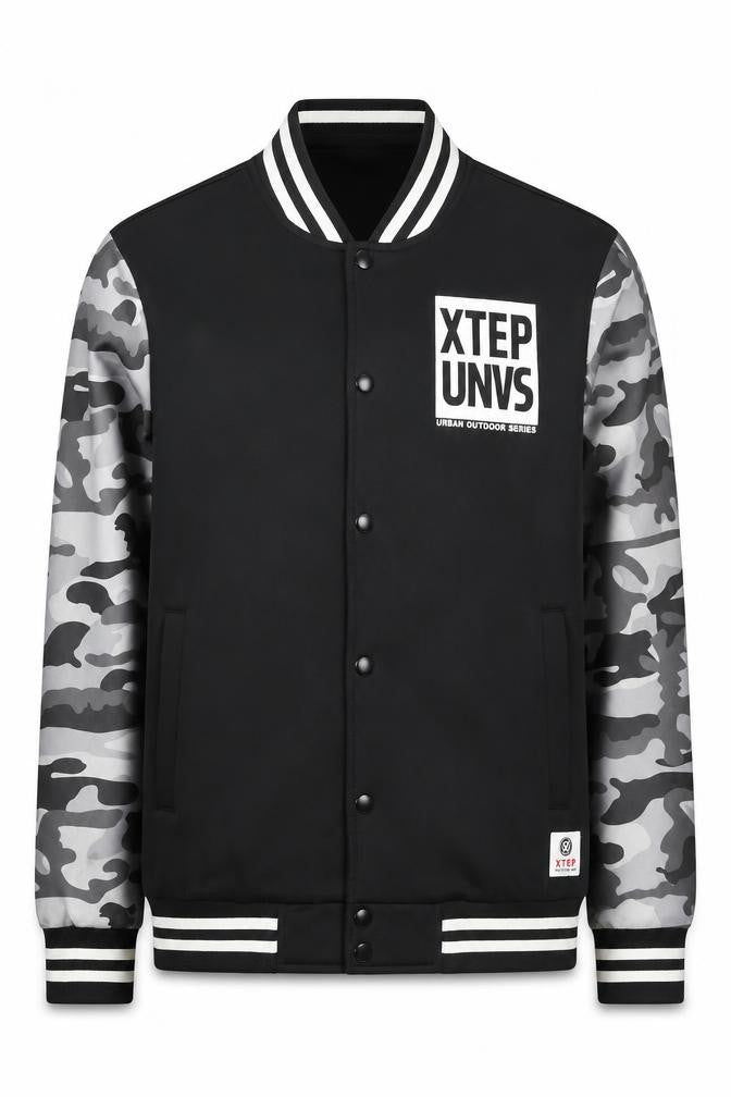 Xtep Men’s Black Varsity Jacket M Camouflage Sleeves Logo Casual