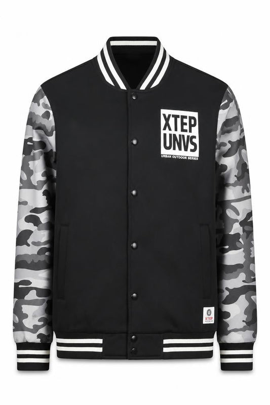 Xtep Men’s Black Varsity Jacket M Camouflage Sleeves Logo Casual