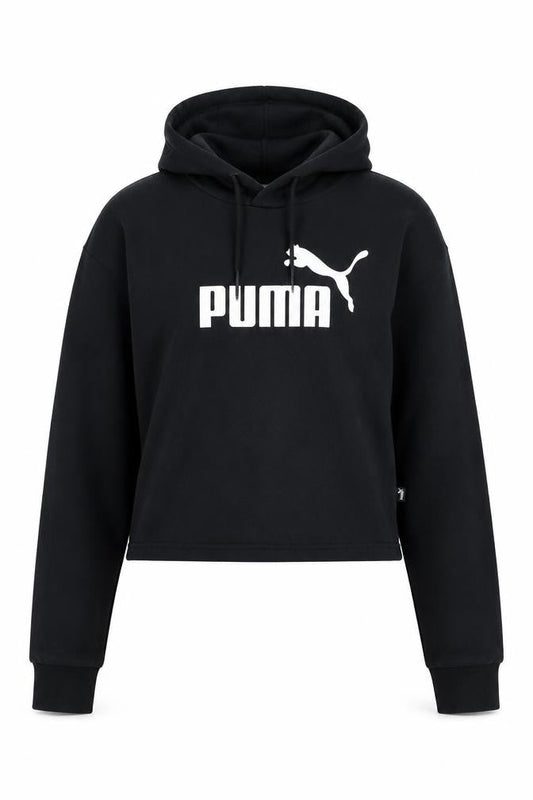Front view of Puma women’s black small pullover hoodie sweatshirt logo sportswear