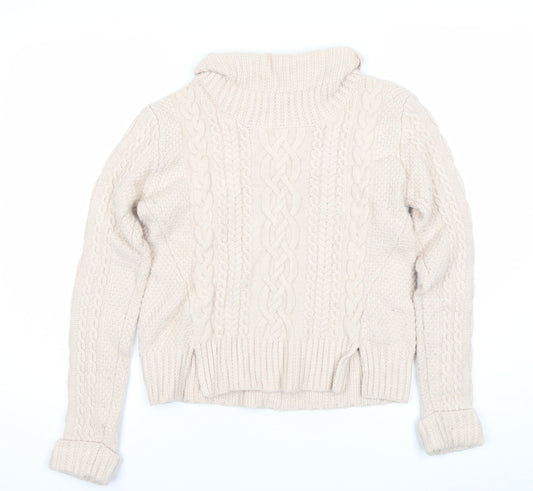 French Connection Womens Beige Wool Roll Neck Cable Knit Jumper S
