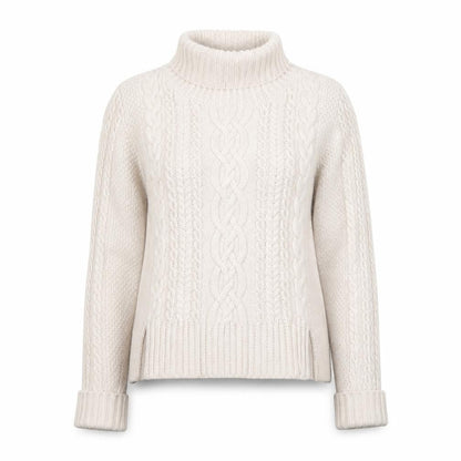 Front view of French Connection women’s beige wool roll neck cable knit jumper s