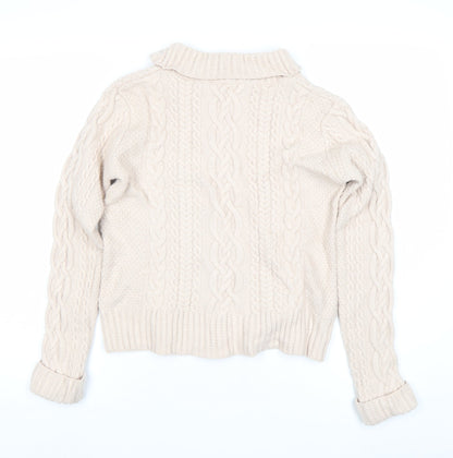 Close-up detail of French Connection women’s beige wool roll neck cable knit jumper s