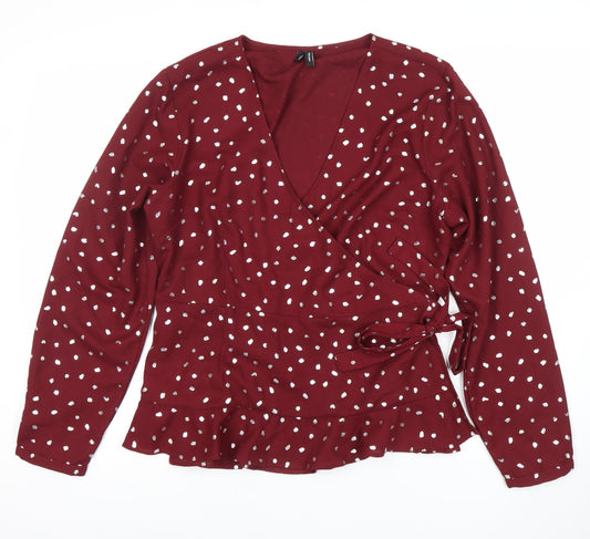 Vero Moda Women’s Red Polka Dot Wrap Blouse XL Long Sleeve