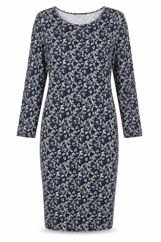Front view of French Connection Women’s Blue Floral Bodycon Dress, size UK 14