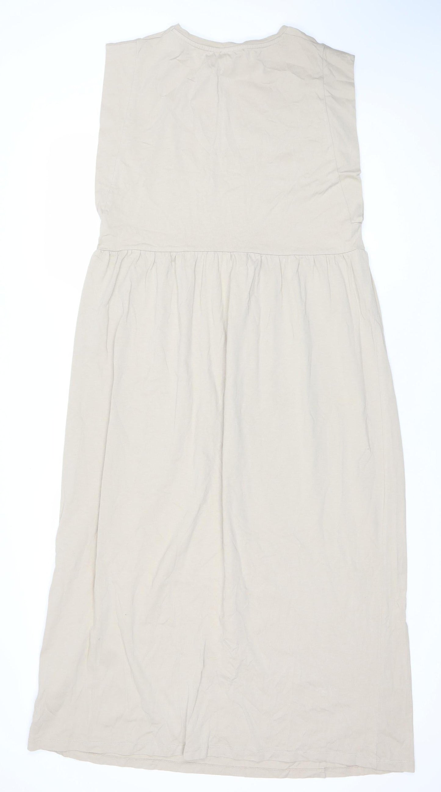 ZARA Women Beige A-Line Midi Dress Size 12 Sleeveless Cotton