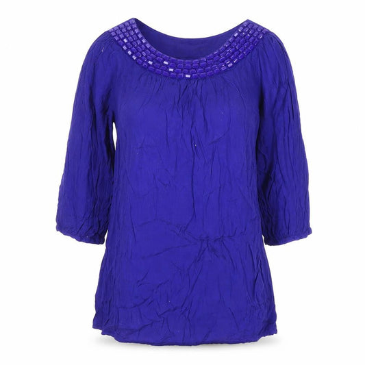 Front view of Red Herring Women’s Blue Beaded Tunic Blouse, size UK 8, Scoop Neck