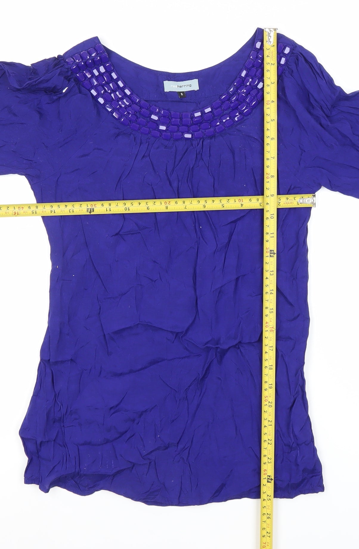 Red Herring Women’s Blue Beaded Tunic Blouse Size 8 Scoop Neck