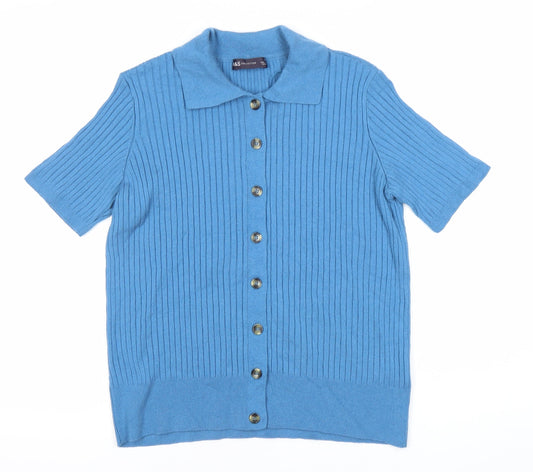Marks and Spencer Women Blue Medium Collared Button-Up Short Sleeve Top