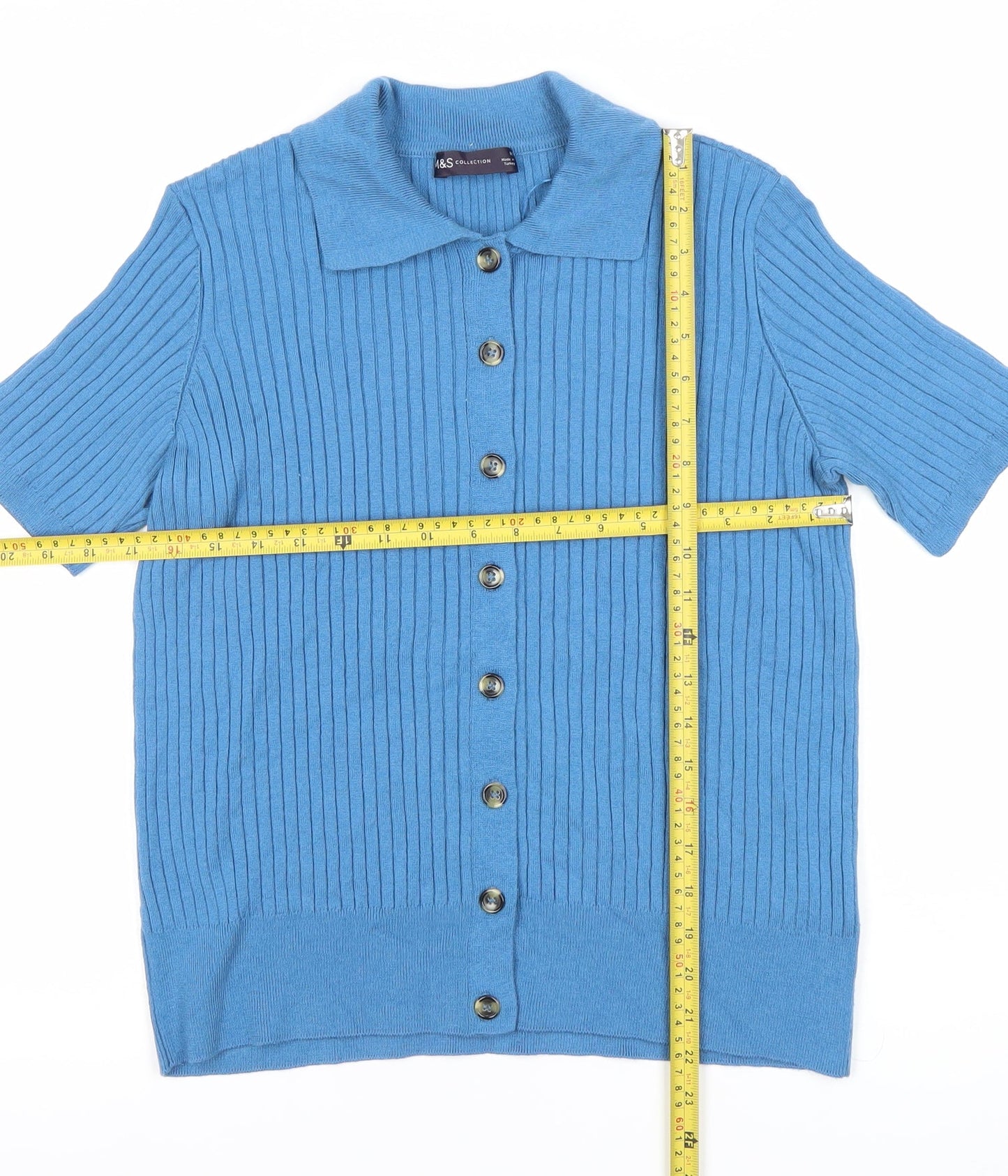 Marks and Spencer Women Blue Medium Collared Button-Up Short Sleeve Top
