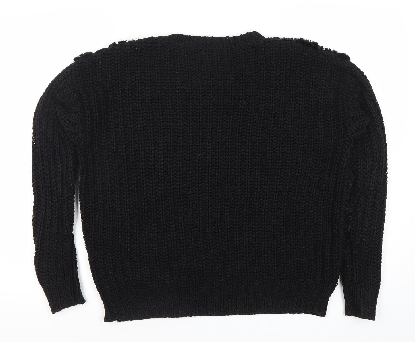 Topshop Womens Black Faux Fur Front Chunky Knit Pullover Jumper Size 8