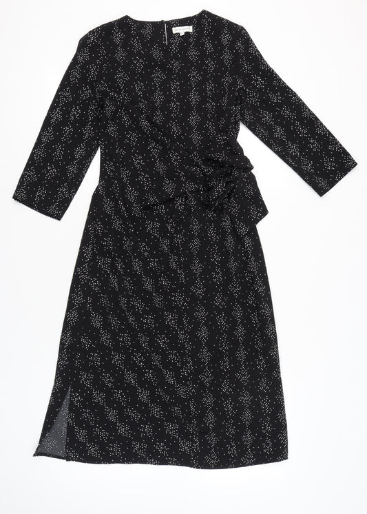 Warehouse Womens Black Geometric Wrap Dress Size 8 Midi 3/4 Sleeve