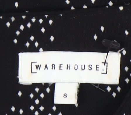 Warehouse Womens Black Geometric Wrap Dress Size 8 Midi 3/4 Sleeve