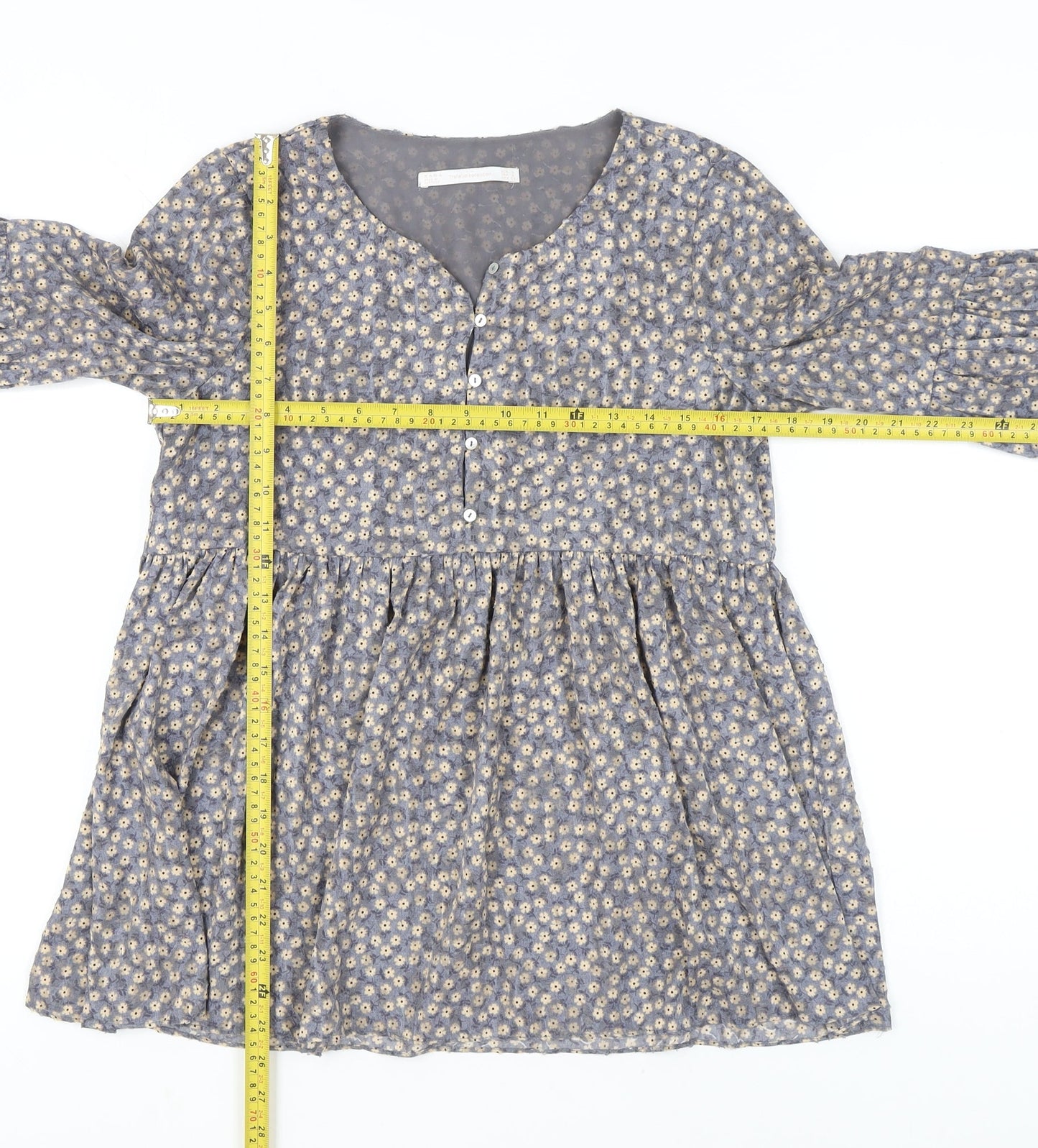 Zara Women’s Grey Floral Tunic Blouse Size 8 Long Sleeve