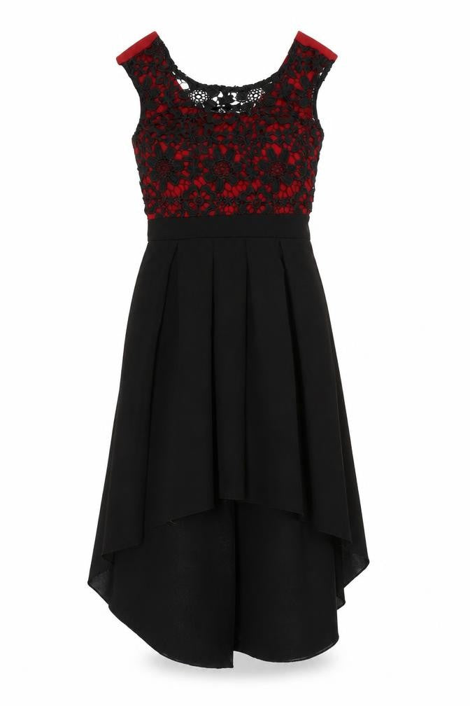 Mela London Women’s Black Red Lace A-Line Hi-Low Dress UK 8