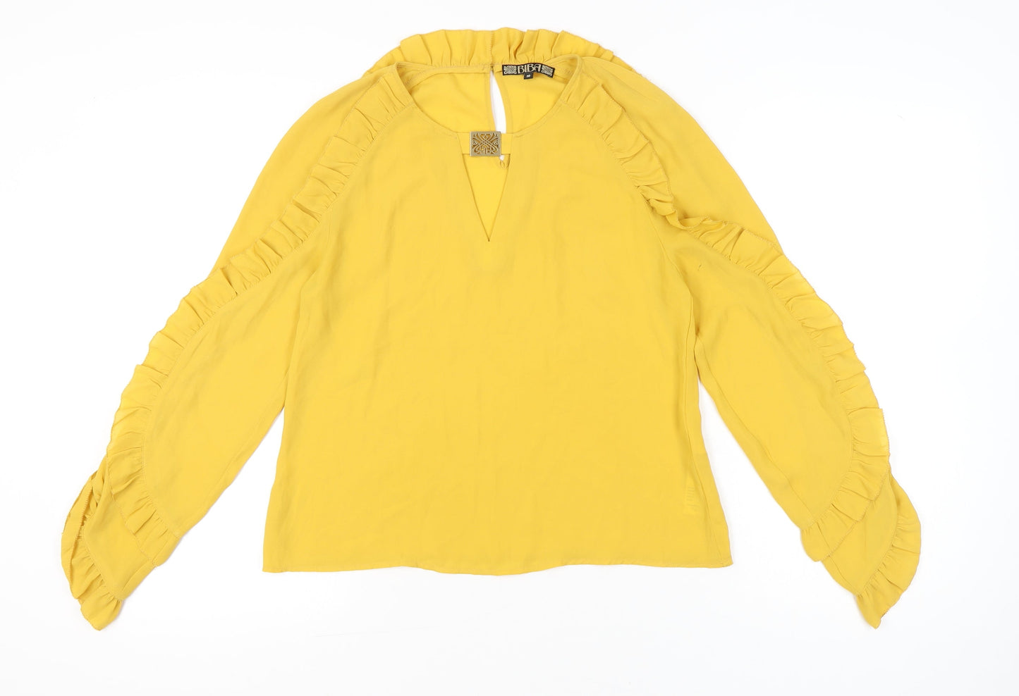 Biba Womens Yellow Ruffle Long Sleeve Tunic Blouse Size 10