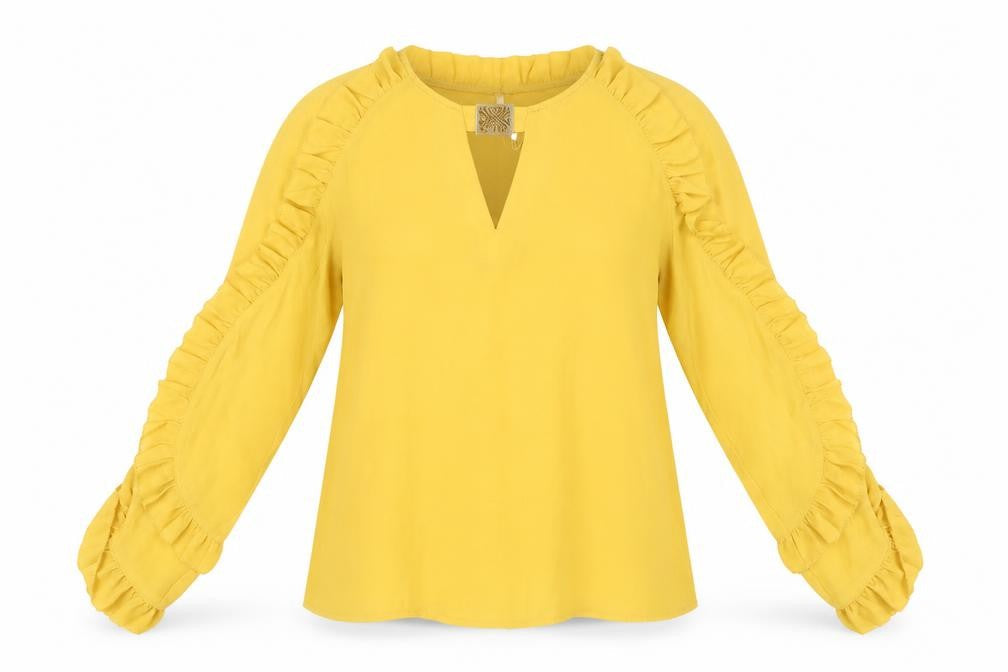 Biba Womens Yellow Ruffle Long Sleeve Tunic Blouse Size 10