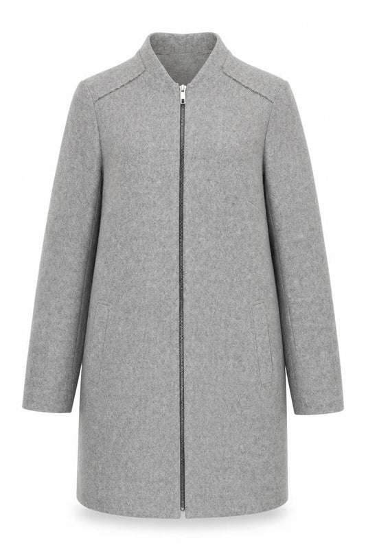 Front view of Principles women’s grey wool blend zip up overcoat, size UK 14, regular