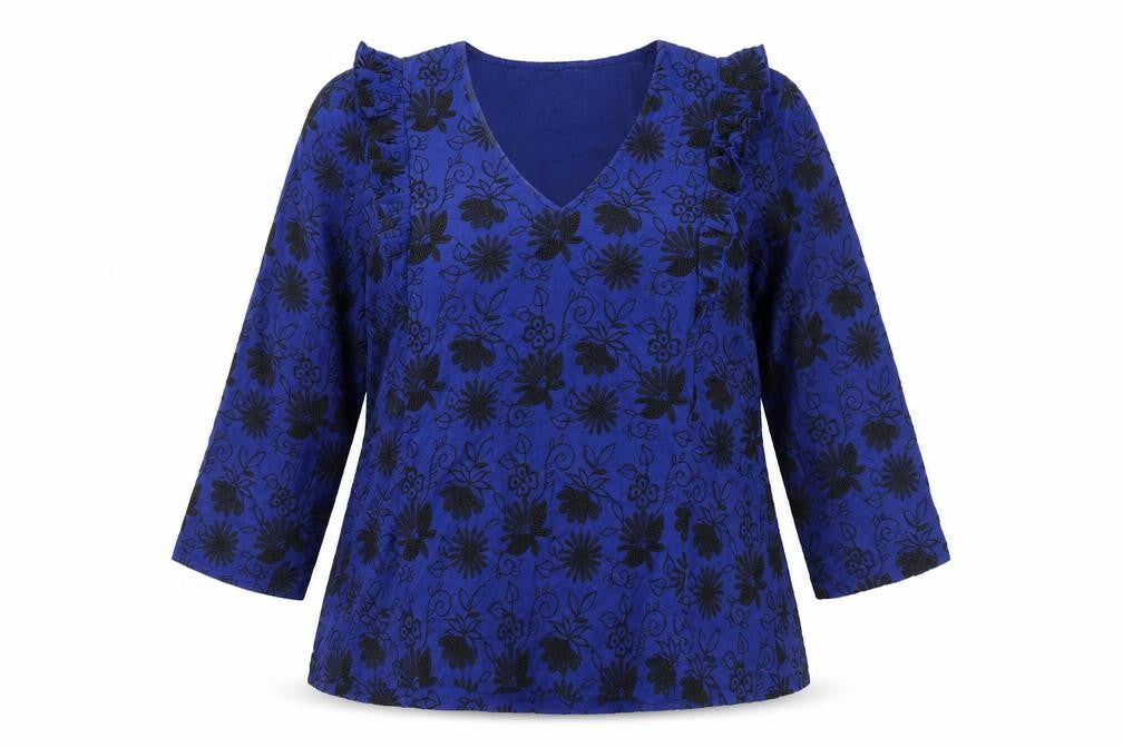 Thought Womens Blue Floral Embroidered Blouse Size 12 Tunic Style