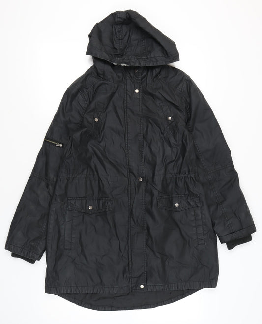 Oasis Women’s Black Parka Coat M Hooded Long Sleeve Cotton Polyester