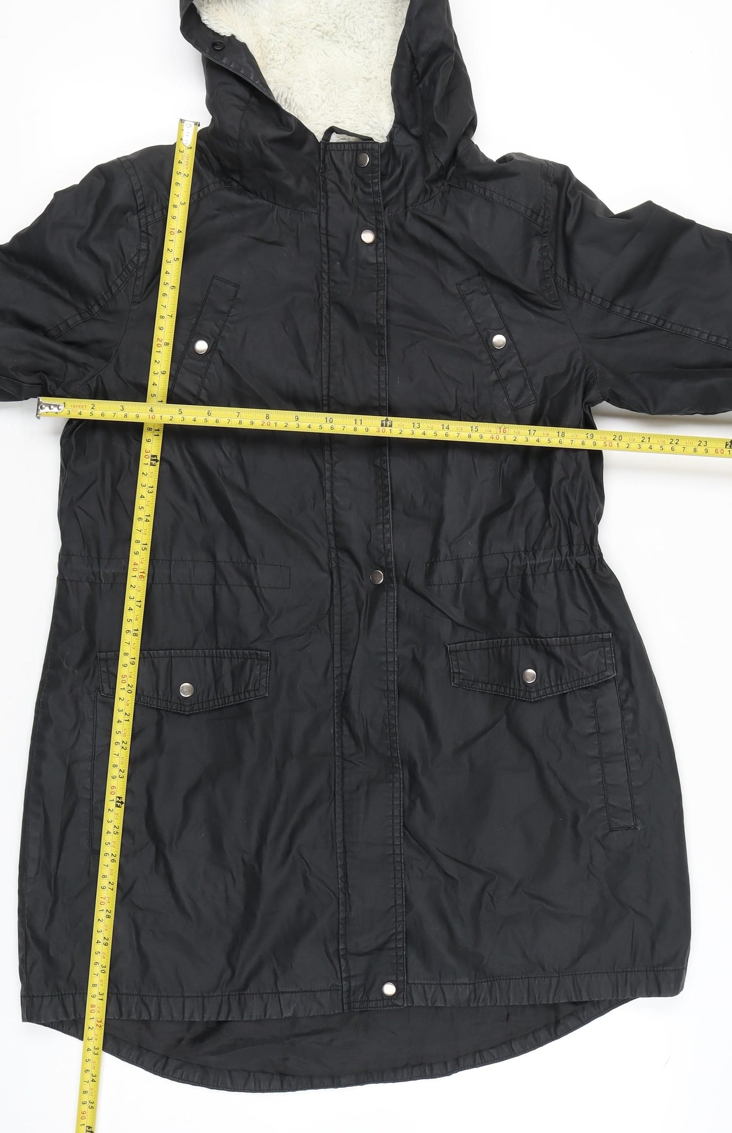 Oasis Women’s Black Parka Coat M Hooded Long Sleeve Cotton Polyester