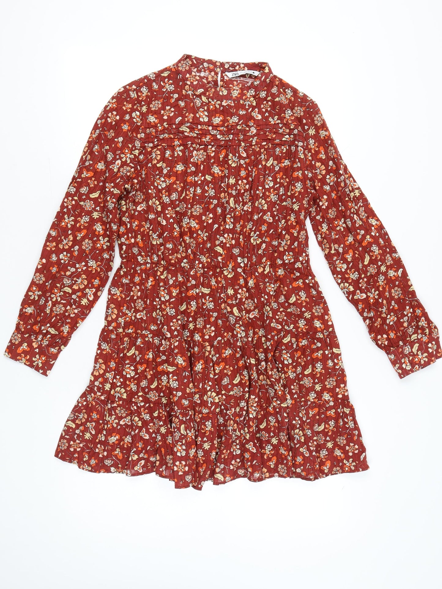 Zara Women Red Floral Cotton Shift Dress Size 14 Long Sleeve
