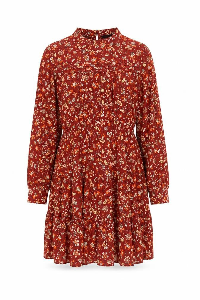 Zara Women Red Floral Cotton Shift Dress Size 14 Long Sleeve