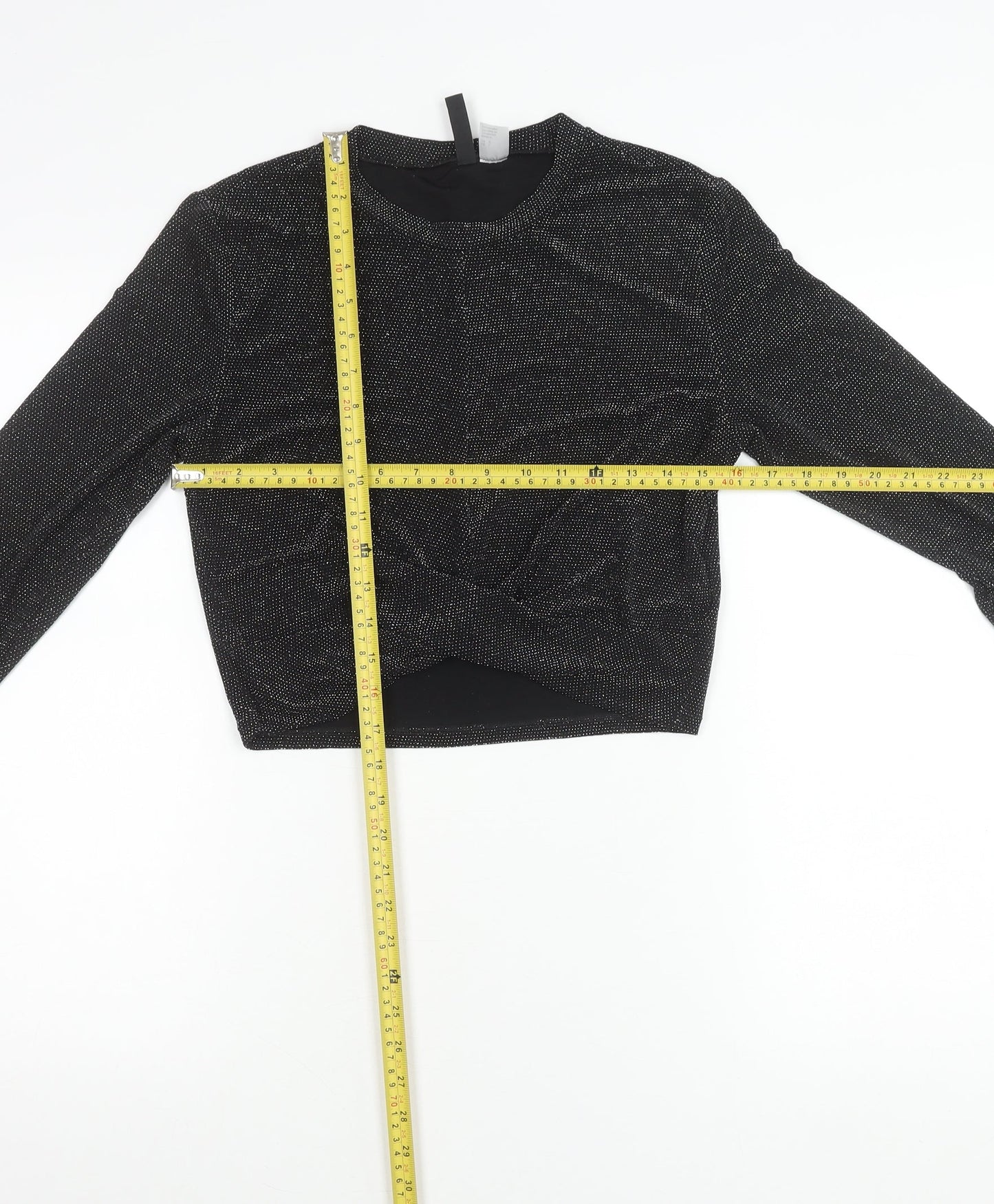 H&M Divided Womens Black Glitter Cropped Long Sleeve Party Top L